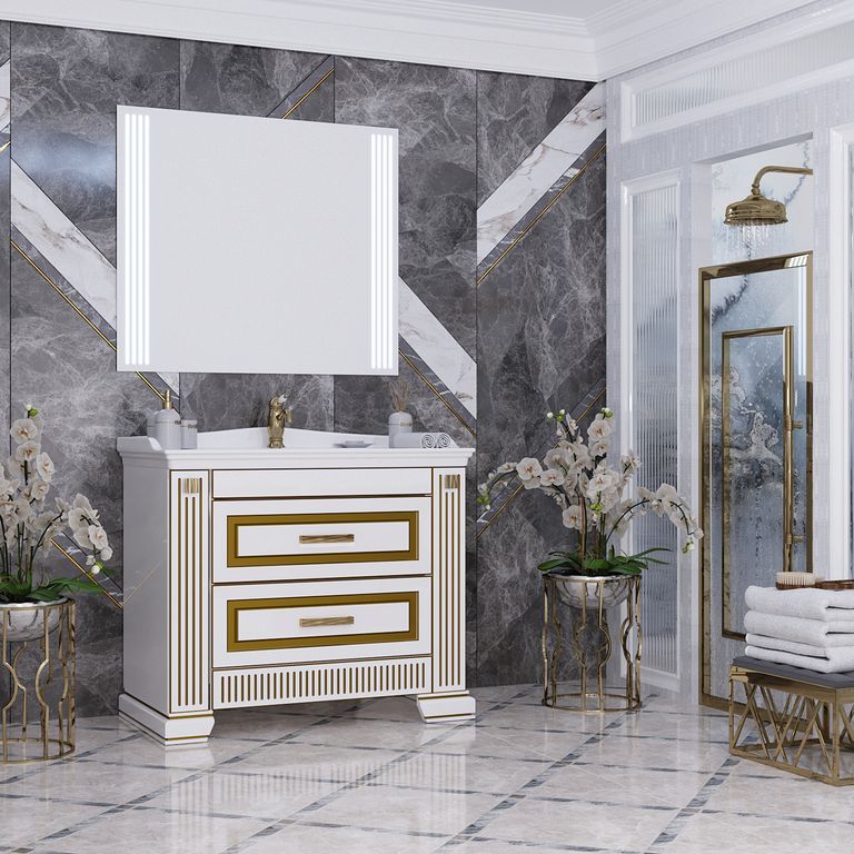Комплект мебели Opadiris Оникс 100 белый глянцевый, золотая патина